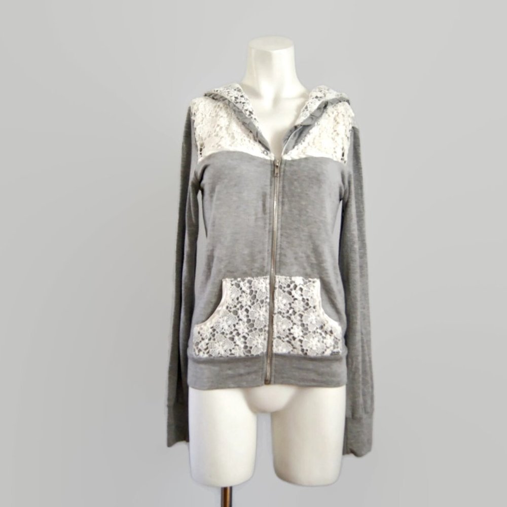 Beach Bunny Lounge Zip Hoodie S | Gray White Lace - Picture 2 of 9
